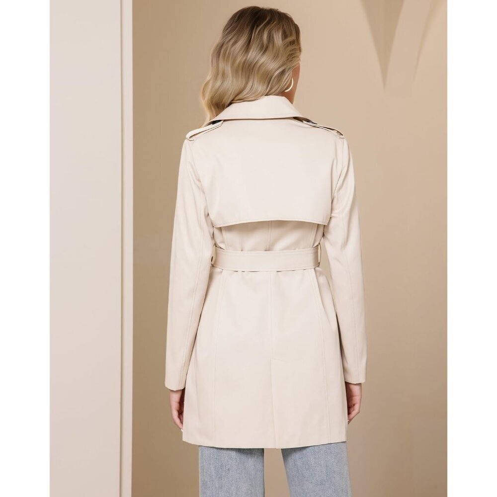 Women's Beige Trench Coat Classic Double Breasted Lapel Windbreak Midi Outerwear - Picture 4 of 6